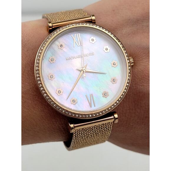 Michael Kors Rose Gold-Tone Watch Mother of Pearl Face Rhinestone Accents - Picture 1 of 8
